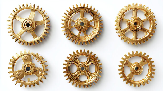 Close-up of six intricate golden gears, suggesting mechanics, engineering and industry