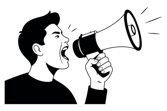 A man shouts loudly into a megaphone, conveying a message with urgency.