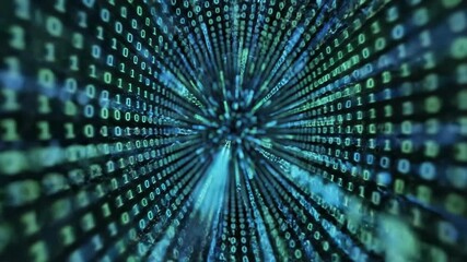 Digital Data Stream Tunnel - video shows binary code digits (0s and 1s) streaking away from the viewer into a dark space at center, resembling a tunnel or a data stream.