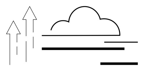 Rising arrows depict upward movement alongside a cloud and horizontal lines. Ideal for growth, success, progress, innovation, technology, cloud computing, change. Simple flat metaphor