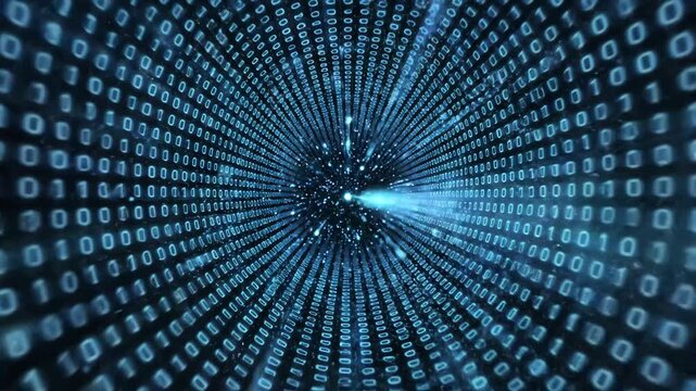 Digital Data Stream - An abstract background featuring blue binary code rapidly converging towards a central point, creating a sense of data flow and technological advancement.