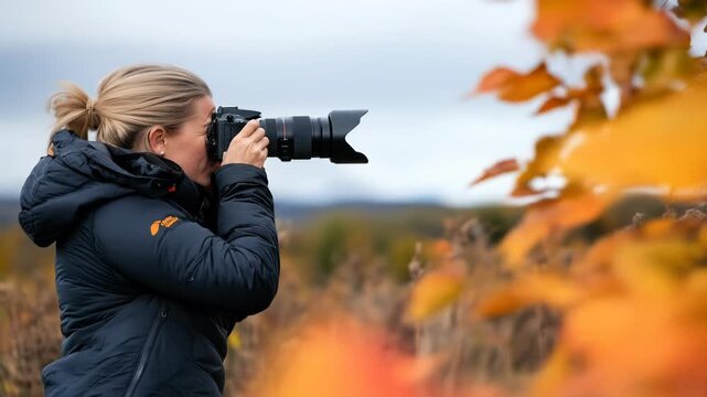 Woman photographing autumn foliage outdoors with professional camera scenic view