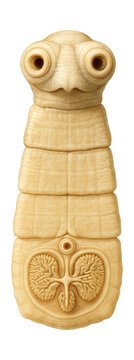 Cestode tapeworm segment featuring reproductive organs and scolex attachment.