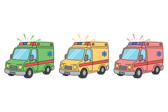 Three cartoon ambulances of different colors are lined up, each with flashing lights.