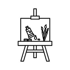 Obraz premium Art studio equipment outline icon showing an easel with a canvas, paint tube, brushes, and paint drops for creative projects.