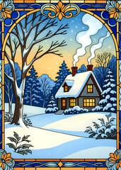 House in a winter landscape with a stained glass frame