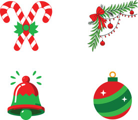 A set of Christmas icons featuring a bell, snowman, candy cane, and holly leaves with berries in a flat style on a white background. Festive holiday concept. Vector illustration