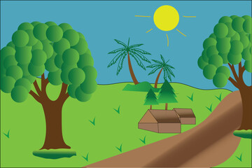 A stylized illustration of a house with a large prominent tree in its yard rendered in vibrant colors and clean lines for graphic design applications