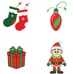 A set of Christmas icons featuring a bell, snowman, candy cane, and holly leaves with berries in a flat style on a white background. Festive holiday concept. Vector illustration