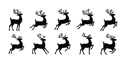 deer silhouette icon. set of silhouette icon. Collection of ten black silhouette reindeer in various leaping and standing poses on a white background