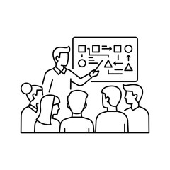 Business professional presenting complex workflow diagram to attentive diverse team during strategic meeting session.