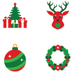 A set of Christmas icons featuring a bell, snowman, candy cane, and holly leaves with berries in a flat style on a white background. Festive holiday concept. Vector illustration