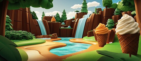 Cartoon Waterfall Landscape with Ice Cream Cones, Lush Greenery, and Playful Clouds