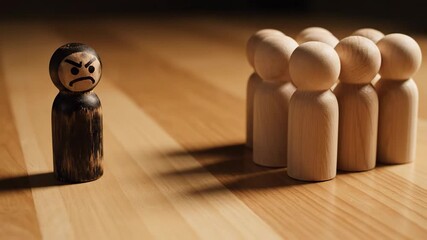 Wooden Figures Depicting Social Outcast - This video shows a group of plain wooden figures standing together, contrasted by a single, dark, painted wooden figure with an angry face drawn on it
