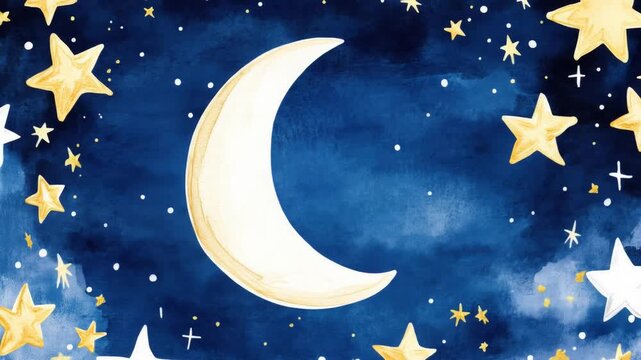 Night sky with crescent moon and stars in dreamy watercolor design