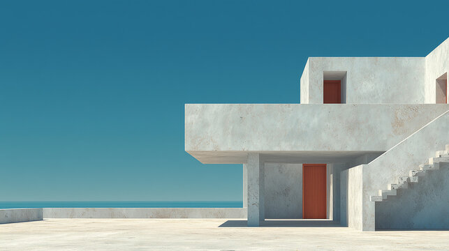 white building, red door, stairs, isometric perspective, gray and teal colors, modern architecture, sleek design, inviting entrance, suitable for website banner, social media header, app UI, presentat