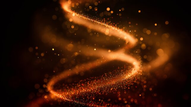 Orange glitter particle trail against a dark background. Abstract sparkling dust motion for festive celebration or magical concept.