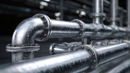 Close-up shot of industrial pipes in a factory, showing the intricate network of plumbing and metallic infrastructure. The image showcases the curves, angles, and joints