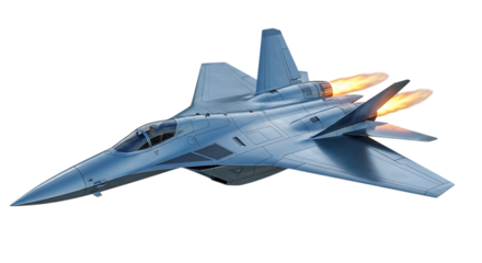 Futuristic Stealth Fighter Jet with Twin Engine Exhaust Flames, isolated on a white or transparent background, cutout, PNG
