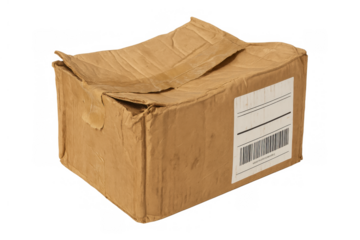 Damaged cardboard shipping box with crinkled folds and worn edges, showing poor delivery or handling on transparent background