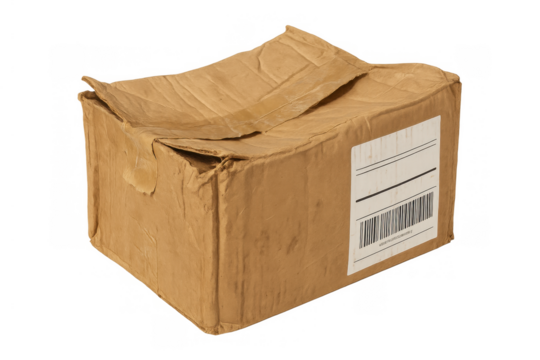 Damaged cardboard shipping box with crinkled folds and worn edges, showing poor delivery or handling on transparent background