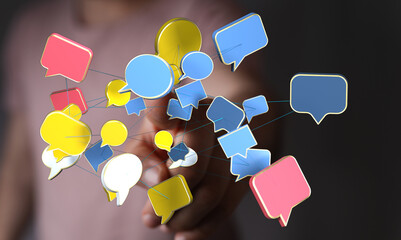 Abstract conceptual image depicting digital communication and networking. Hand interacting with a network of sp