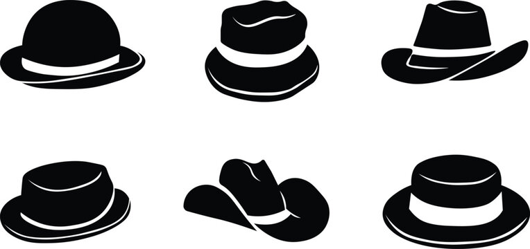 Hat Icon Set, black cowboy hats, western style hat , Vector illustration !