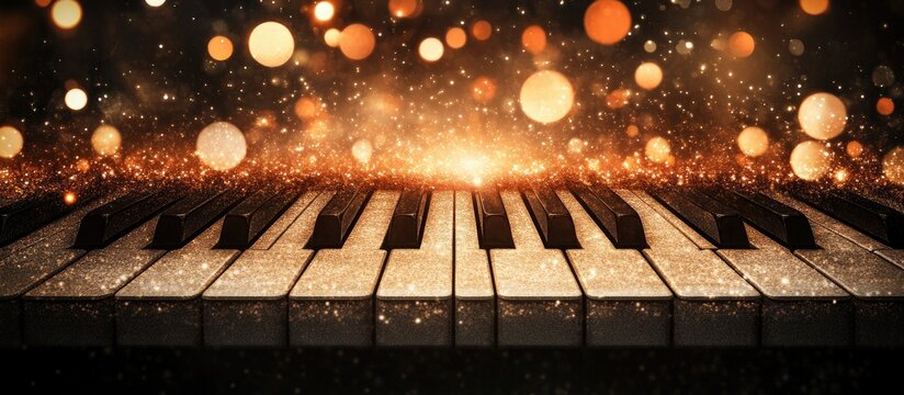 Dramatic Golden Sparkle Piano Keys with Bokeh Lights and Radiant Musical Glow - Powered by Adobe