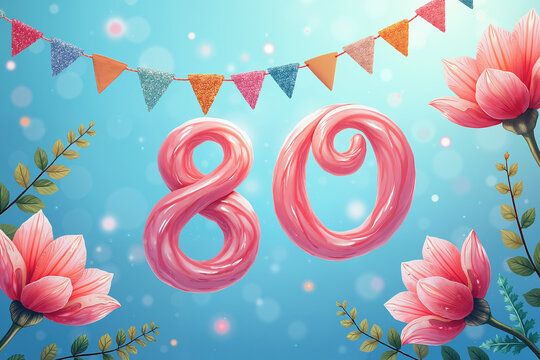Pink 80 surrounded by flowers and colorful bunting on blue background with sparkles and leaves, creating a festive atmosphere. - Powered by Adobe