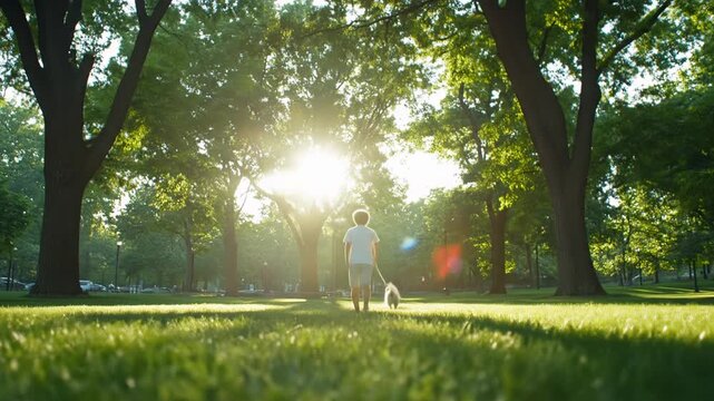 Person walking small dog in sunny park with lush green grass and towering trees