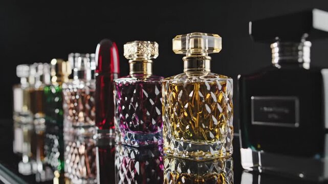 Elegant Perfume Bottles on Reflective Surface - A collection of sophisticated perfume bottles is showcased on a sleek, reflective surface, highlighted against a dark background.