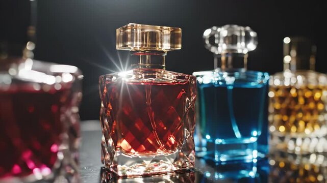 Perfume Bottles on Display - An eye-level medium shot showcases a line of colorful perfume bottles with patterned glass against a dark background.