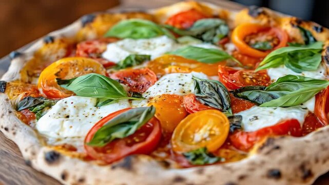 Gourmet margherita pizza with fresh basil, tomato, and mozzarella toppings
