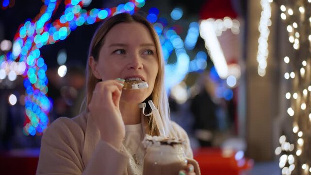 woman taking bite from cookie above milkshake under holiday lights, friend savoring sweet combo at bustling
