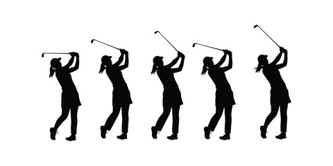 set of women golfer icon. women golfer icon. Silhouette of a woman golfer in five sequential stages of a swing against a white background