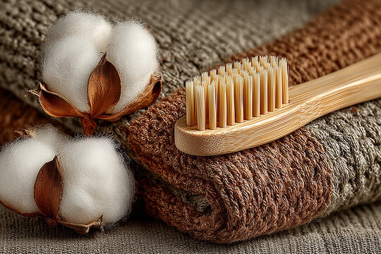 toothbrushes resting on a textured blanket, gray and brown color palette, macro perspective, soft lighting, suitable for health blogs, personal care websites, and product advertisements