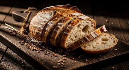 Freshly baked sourdough bread loaf sliced on wooden board food photography culinary arts