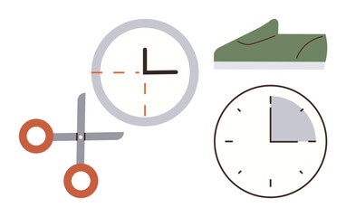 Clock face, scissors cutting a dashed line, and a folded green item evoke efficiency, planning, and resourcefulness. Ideal for productivity, organization, focus, scheduling prioritization work-life