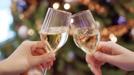 Two caucasian women clinking champagne glasses in front of a Christmas tree with bokeh lights, celebrating a festive holiday or special occasion.