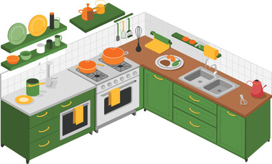 Isometric modern kitchen interior illustration with green cabinets, stove, sink, cookware, and utensils in cozy home cooking environment