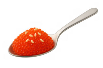 Red caviar with pine nuts on a spoon, featuring gourmet seafood roe, a luxury appetizer against a transparent background