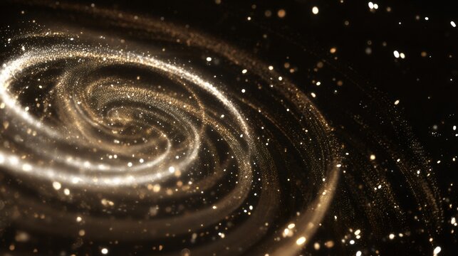 Swirling golden glitter particles creating a galaxy-like spiral on a dark background. Abstract concept for luxury, celebration, and magic.