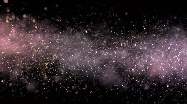 Golden and lilac particles with smoke on black backdrop. Abstract shimmering background for celebration, special event or festive design.