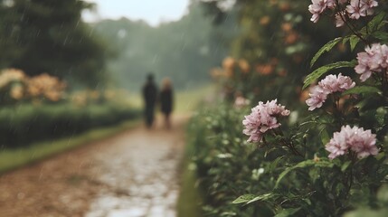 Fototapeta premium A couple walks along a wet garden path during a gentle rain shower with pink blossoms in the foreground