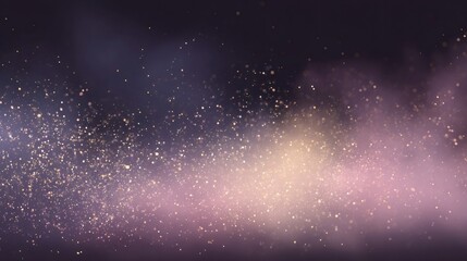 Glowing gold bokeh light particles on a dark purple and pink blurred background. Abstract sparkle pattern for festive event or holiday design.
