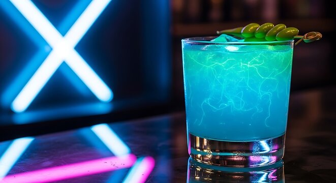 Blue cocktail with ice and green olives on a neon lit bar table in trendy bar atmosphere