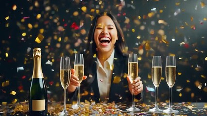 Joyful professional woman celebrating with falling confetti and celebratory drinks