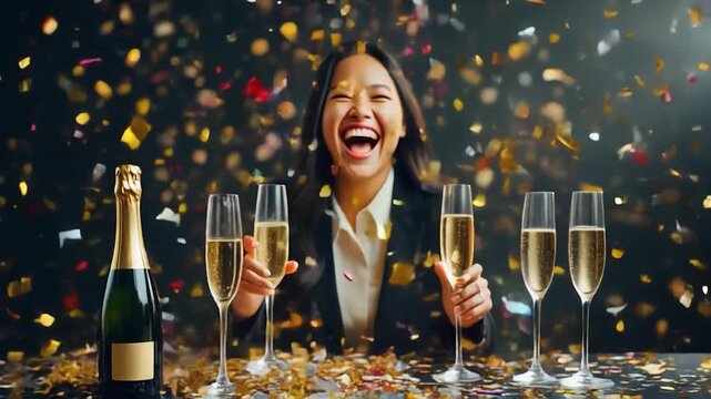 Joyful professional woman celebrating with falling confetti and celebratory drinks - Powered by Adobe