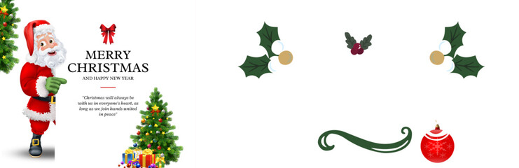 Santa claus, christmas tree, presents, and festive decorations create a cheerful holiday greeting.