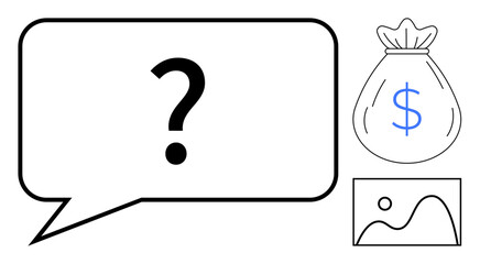 Speech bubble with a question mark, sack with a dollar sign, and a simple landscape sketch. Ideal for creativity, problem-solving, financial decisions, curiosity, uncertainty, communication